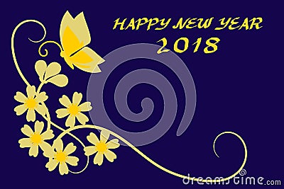 Happy New Year 2018 greeting card. Illustration with beautiful flower and butterfly in golden color. Vector Illustration