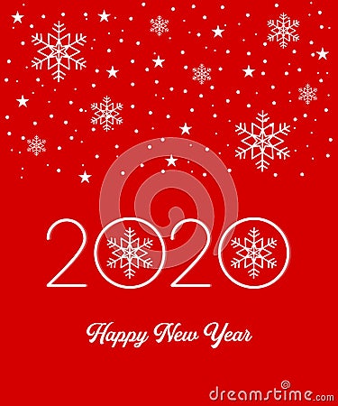 Happy New Year 2020 greeting card, invitation card with white snowflakes on red isolated background Stock Photo