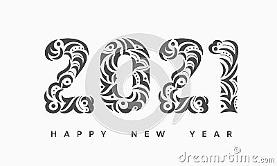 Happy 2021 new year greeting card. Openwork hand drawn numbers lettering 2021 Vector Illustration