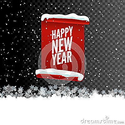 Happy New Year greeting card. Red curved paper banner on transparent background with snow and snowflakes. Vector illustration Vector Illustration