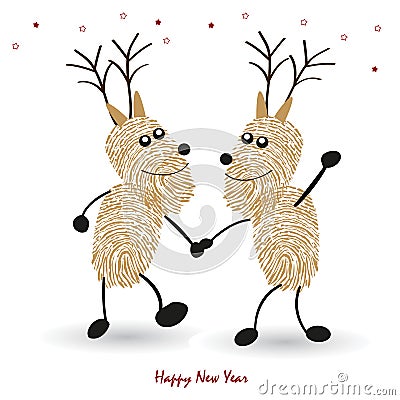 Happy new year greeting card Rein deers with finger prints vector Vector Illustration