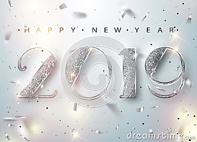 Happy New Year 2019 Greeting Card with Silver Numbers and Confetti Frame on White Background. Vector Illustration. Merry Vector Illustration