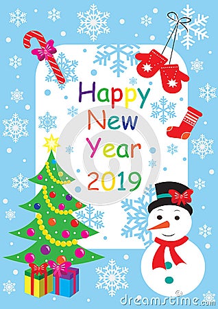 Happy New Year 2019 greeting card with snowman, Christmas tree and gifts. vector illustration Vector Illustration