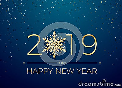 Happy New Year 2019. Greeting card text design. New Years banner with golden numbers and snowflake. Vector Vector Illustration