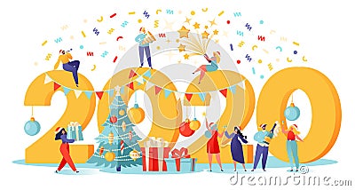 Happy New Year 2020 greeting card. Vector illustration with small people preparing for the party, that engaged in decorating. Vector Illustration