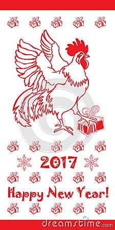 2017 Happy New Year greeting card the year of red Rooster Vector Illustration