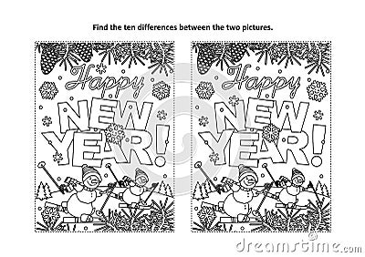 Happy New Year greeting find the differences visual puzzle and coloring page Vector Illustration