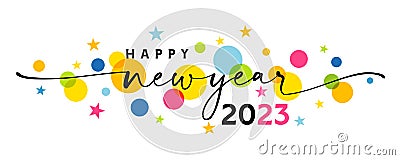 Happy new year 2023 greetings banner with swirl ribbon and colored stars Vector Illustration