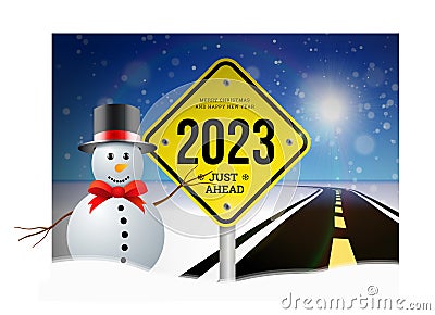 Happy new year 2023 greetings with road sign on the background of the road going into the distance planning concept and goals Vector Illustration