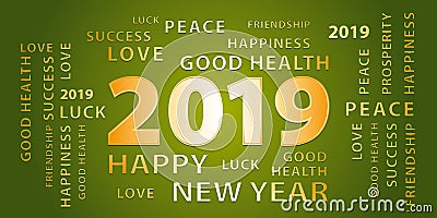 2019 Happy New Year greetings vector banner. Green and gold. Vector Illustration