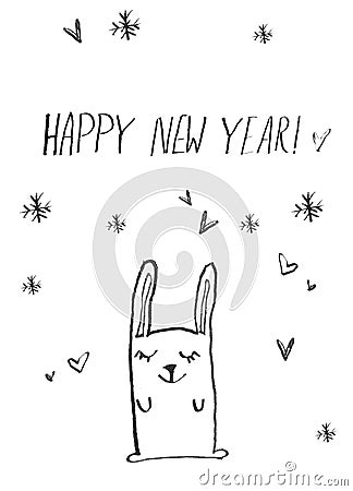 Happy new year hand drawn card poster . Cute funny bunny kid illustration . cartoon made rabbit with hearts and snowflakes ink pai Cartoon Illustration