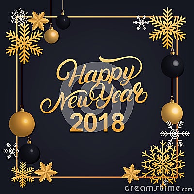 Happy New Year 2018 hand written lettering with golden decoration ornament. Vector Illustration