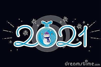 Happy new year handwritten number with snowman in ball Vector Illustration