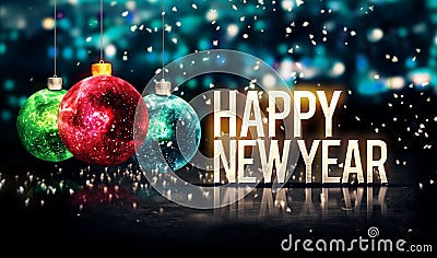 Happy New Year Hanging Baubles Blue Bokeh Beautiful 3D Stock Photo