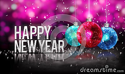 Happy New Year Hanging Baubles Red Blue Bokeh Beautiful 3D Pink Stock Photo