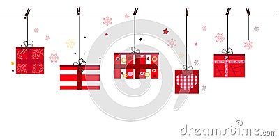 Happy new year hanging gift boxex vector illustration. Merry Christmas greeting card Vector Illustration