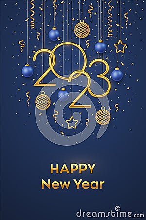 Happy New 2023 Year. Hanging Golden metallic numbers 2023 with shining 3D metallic stars, balls and confetti on blue background. Vector Illustration