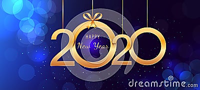 2020 Happy New Year hanging golden shiny numbers with ribbon bows on abstract blue background with lights and bokeh effect. Cartoon Illustration