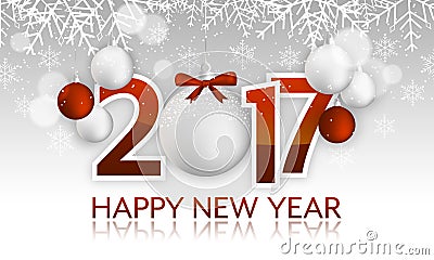 Happy New Year 2017 headline or banner with hanging bauble, bow, snowflakes, snow Vector Illustration