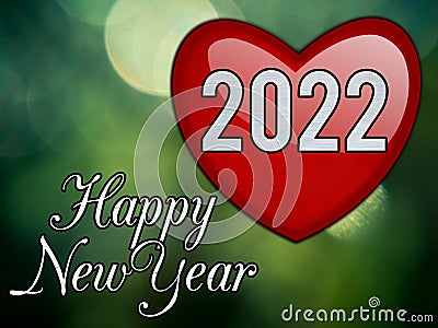 Happy New Year 2022 With Heart Love On Bokeh Lighting Hearts Background. Stock Photo