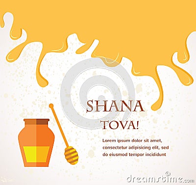 Happy New Year (Hebrew) Rosh Hashana greeting card with leaking honey. Cartoon Illustration