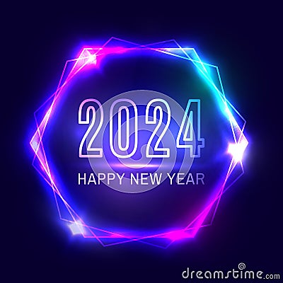 Happy New Year 2024 hexagon neon sign on dark blue Vector Illustration