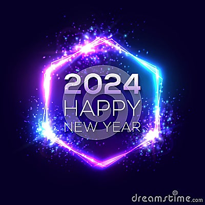 Happy New Year 2024 hexagon neon sign Vector Illustration