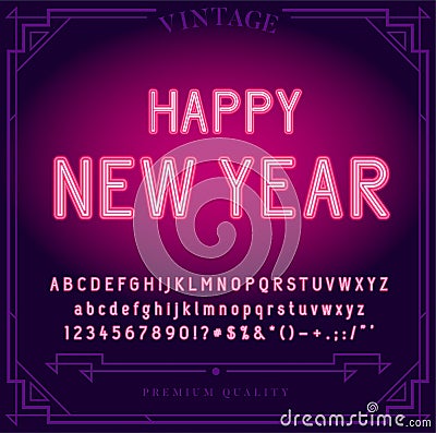 Happy New Year Holiday. Bright Neon Alphabet Letters, Numbers Stock Photo