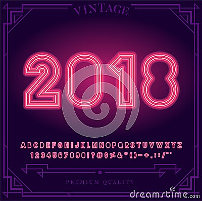 2018 Happy New Year Holiday. Bright Neon Alphabet Letters, Numbers and Symbols Vector Illustration