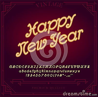 Happy New Year Holiday. Bright Neon Alphabet Letters, Numbers and Symbols Stock Photo