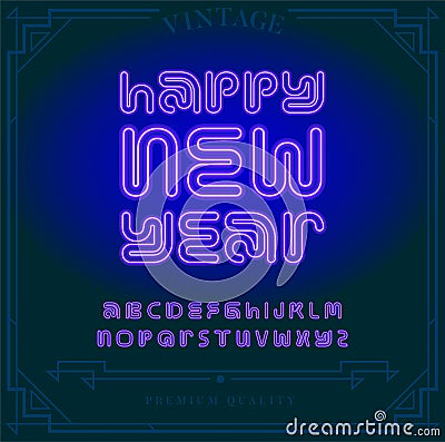 Happy New Year Holiday. Bright Neon Alphabet Letters Vector Illustration