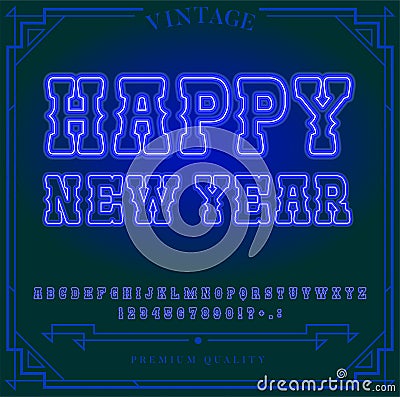 Happy New Year Holiday. Bright Neon Alphabet Letters, Numbers and Symbols Vector Illustration
