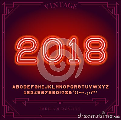 2018 Happy New Year Holiday. Bright Neon Alphabet Letters, Numbers and Symbols Sign in Vector. Vector Illustration