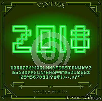 2018 Happy New Year Holiday. Bright Neon Alphabet Letters, Numbers and Symbols Sign in Vector. Vector Illustration