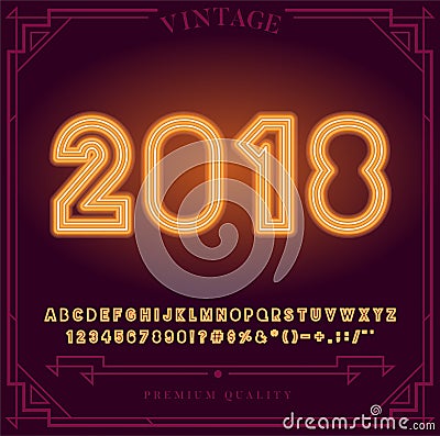 2018 Happy New Year Holiday. Bright Neon Alphabet Letters, Numbers and Symbols Sign in Vector. Vector Illustration