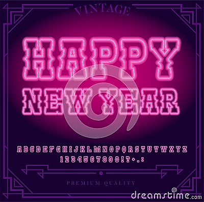 Happy New Year Holiday. Bright Neon Alphabet Letters, Numbers and Symbols Sign in Vector. Vector Illustration