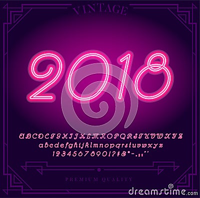 2018 Happy New Year Holiday. Bright Neon Alphabet Letters, Numbers and Symbols Sign in Vector. Vector Illustration