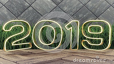 Happy New 2019 Year. Holiday 3d illustration gold numbers 2019. On a wooden background. green grass. Trendy cover design Cartoon Illustration