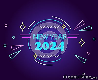 Happy New Year 2024 Holiday Design Neon Cyan Abstract Vector Illustration