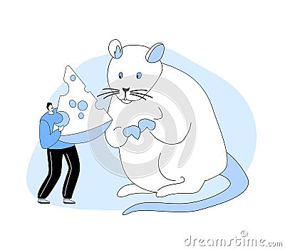 Happy 2032 New Year Holidays Event. Tiny Man Giving Piece of Cheese to Huge White Mouse. Party Celebration Vector Illustration