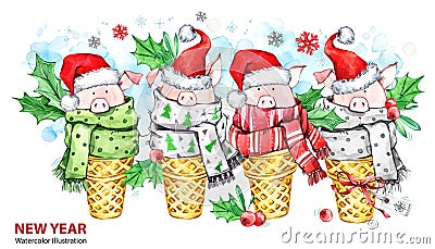 2019 Happy New Year illustration. Christmas border. Cute pigs with Santa hat in waffle cones. Greeting watercolor Cartoon Illustration