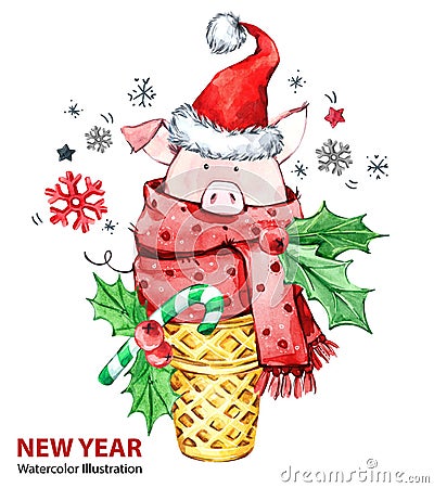 2019 Happy New Year illustration. Christmas. Cute pig with Santa hat in waffle cone. Greeting watercolor dessert. Symbol Cartoon Illustration