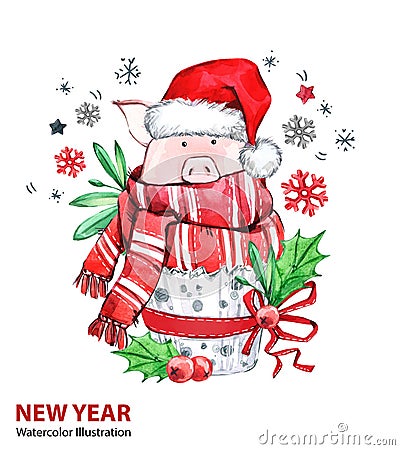 2019 Happy New Year illustration. Christmas. Cute pig in winter scarf with Santa hat. Greeting watercolor cake. Symbol Cartoon Illustration