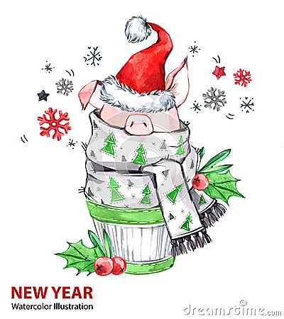 2019 Happy New Year illustration. Christmas. Cute pig in winter scarf with Santa hat. Greeting watercolor cake. Symbol Cartoon Illustration