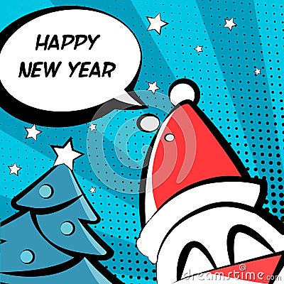 Happy New Year illustration with in a Santa hat, tree and text cloud. Comics style. Vecto Vector Illustration