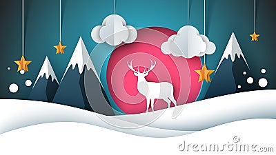 Happy New Year illustration. Merry Christmas. Deer, sun, cloud, star winter Vector Illustration