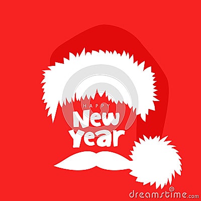 Happy new year. The inscription on the place of Santa's face. Santa Claus hat and mustache. Vector Illustration