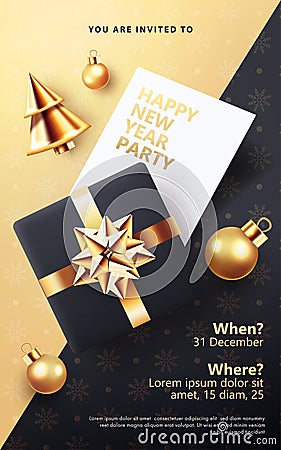 Happy New Year invitation, greeting card, poster, holiday cover. Xmas modern design template in black and gold colors Vector Illustration