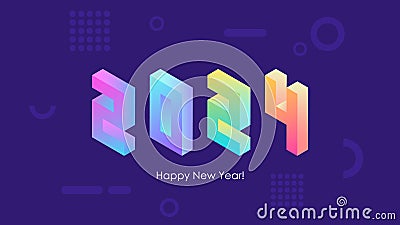 2024 Happy New Year isometric text design with trendy bright neon gradients for holiday greetings and invitations. Vector Illustration
