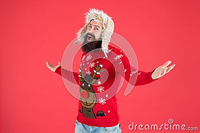 Happy new year. Join holiday party craze and host Ugly Christmas Sweater Party. Winter party outfit. Invitation ugly Stock Photo